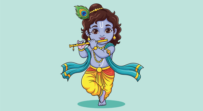 Cute cartoon illustration of Lord Krishna playing flute celebrating Janmashtami festival.