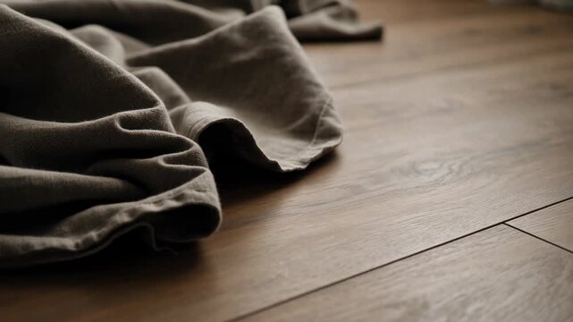 Warm brown natural wood floor background with soft fabric texture. An emotional and cozy scene embracing minimalism in interior design for peaceful, comfortable home