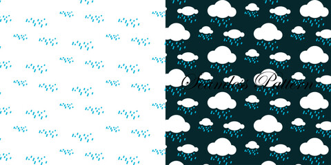 Two seamless weather patterns featuring cheerful raindrops and fluffy white clouds isolated on transparent background, Vector