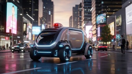 Fototapeta premium Autonomous vehicle driving on city street with skyscrapers and illuminated signs