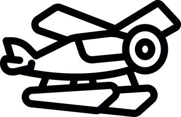 Simple black and white icon of a seaplane soaring, featuring pontoons for water landings and takeoffs © ylivdesign