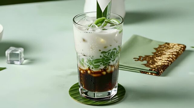 A refreshing glass of traditional Indonesian Cendol dessert drink with green jelly, coconut milk, brown sugar syrup, and ice, garnished with a pandan leaf.