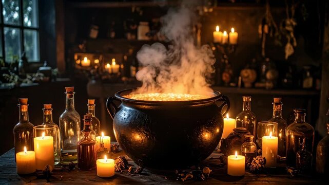 Mystical cauldron brewing a magical potion with flickering candles and potion bottles