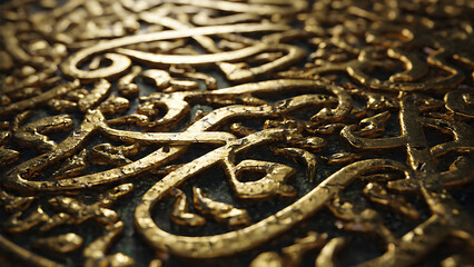 Close-up view of intricate islamic golden calligraphy artwork on a dark background