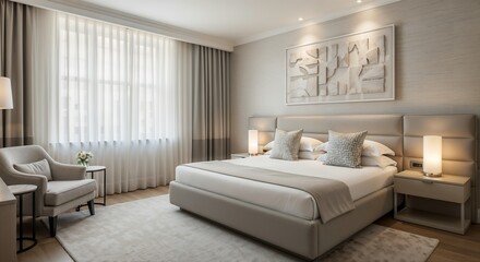 Fototapeta premium Cozy bedroom interior with neutral tones and soft lighting