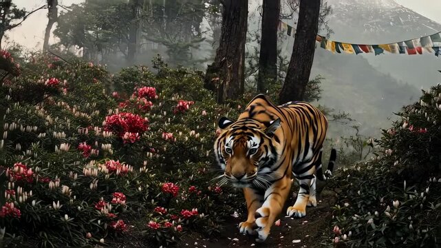 Tiger Walking Through Forest with Prayer Flags.