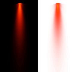 Red light ray isolated on black background and on transparent background, top down spotlight beam, bright glow