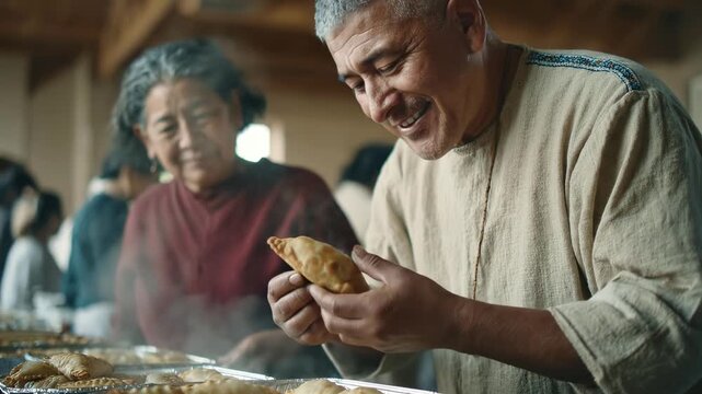 Elderly couple makes chebureki. Senior man shapes dough. Mature woman helps nearby. Traditional home cooking. Rustic kitchen scene.
