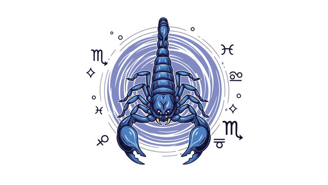 Detailed vector illustration of a blue scorpion representing the Scorpio zodiac sign, set against a purple cosmic background.