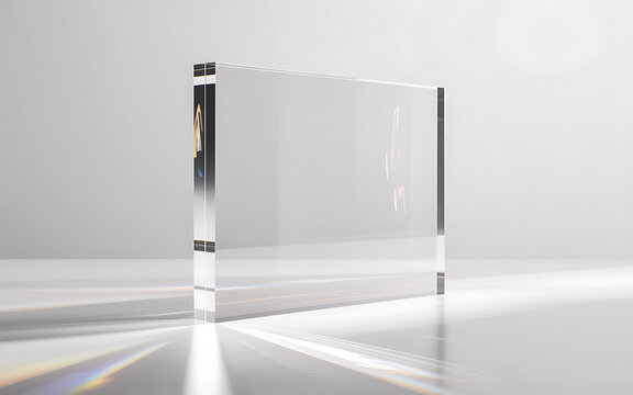 Abstract clear acrylic block with refracted light and rainbow prism effect on a clean studio background, representing transparency, clarity, and modern design.