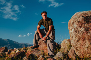 Young man resting on rocks portrait