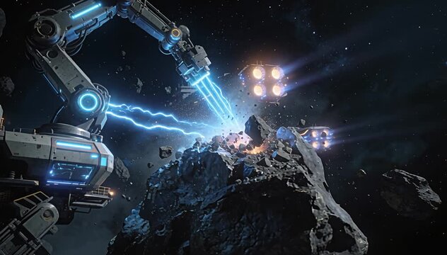 Robotic arm asteroid mining space extraction futuristic fleet mining operation space exploration, ship.