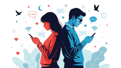 Obraz premium Modern illustration of a man and woman standing back-to-back using smartphones for online dating or digital communication.