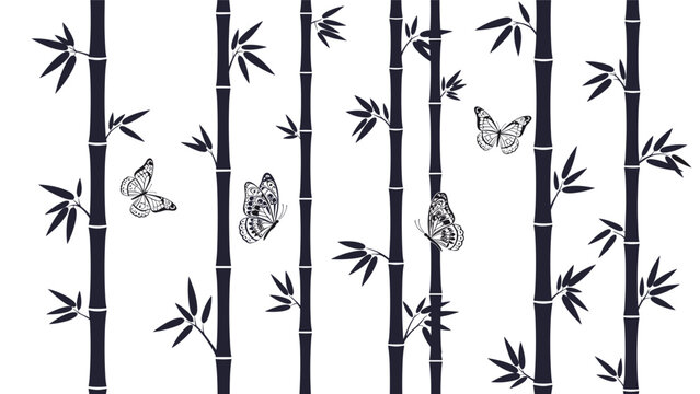 Elegant and seamless black and white pattern of bamboo stalks and flying butterflies, in a minimalist Japanese ink style.