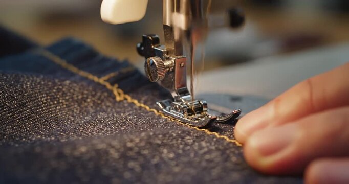 Sewing machine stitching dark fabric.