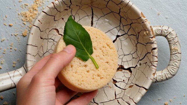 Sustainable organic cosmetic for natural skincare within ethical beauty movement. hand holds fresh leaf, highlighting imperfect aesthetic of handmade wabi sabi art