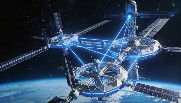 Futuristic space station network orbiting earth with glowing blue connections space station, orbital, planet.