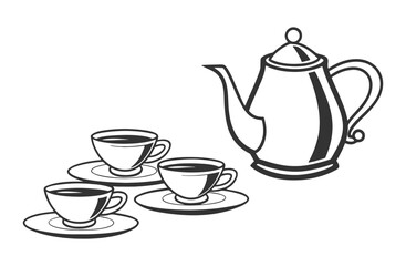 Teapot and Cups illustration, Tea Time Concept, Simple Line Art