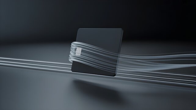 A sleek card hovering above flowing light trail representing a digital wallet and contactless payment concept.