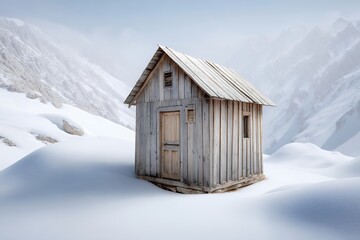 Remote wooden cabin in snowy mountain landscape with clear sky
