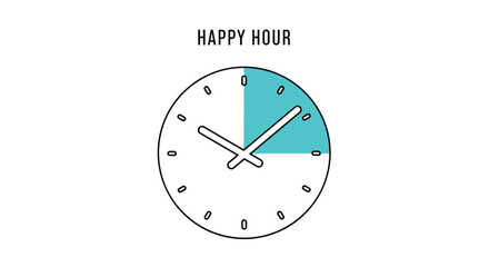 Minimalist clock icon with text happy hour indicating a specific time frame with a blue highlighted segment on the watch face.