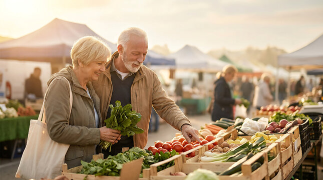 Senior couple shopping at farmers market choosing fresh organic vegetables healthy food lifestyle local produce outdoor community grocery buying