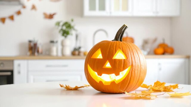 Illuminated jack-o-lantern with carved spooky face sits on a kitchen counter surrounded by fallen autumn leaves