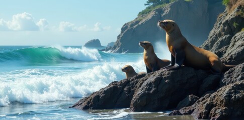 Sea lions bask on rocks, Pacific Ocean waves crash , Canadian wildlife, Pacific Ocean, coast