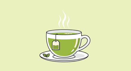 Obraz premium Calm and fresh illustration of a white ceramic cup and saucer filled with green tea and a tea bag with steam rising against a light green background.