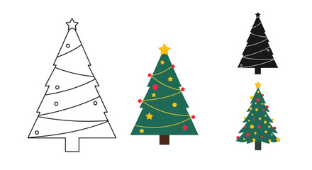 Fototapeta premium Collection of Christmas tree icons in various styles including simple outline, decorated green, silhouette, and detailed festive versions.