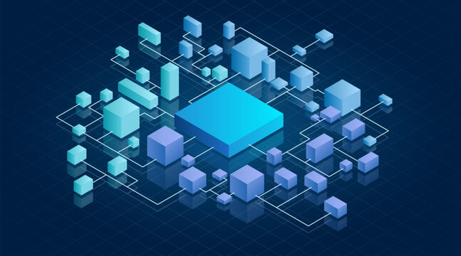 Blockchain is a modern method of data transfer. Blocks of digital data are linked into chains. Abstract background of digital technologies.