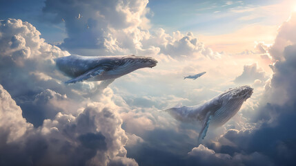 Majestic Whales Flying Through Dreamlike Clouds in a Surreal Sky at Sunset