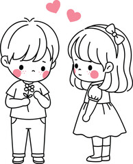 Cute kids couple illustration with shy boy holding flower and girl smiling showing innocent childhood love vector line art