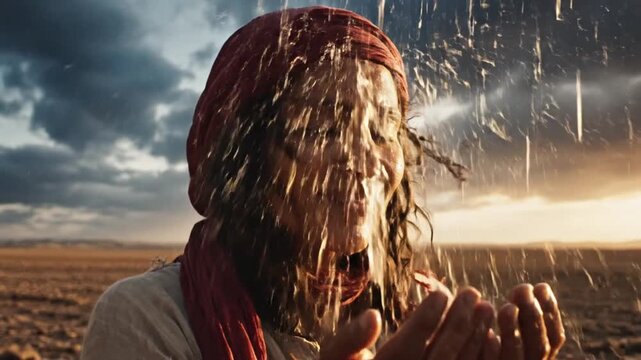 Cinematic slowmotion capture portraying a moment of profound expectation and spiritual faith in crisp detail, evoking hope and serenity in a peaceful, atmospheric setting.