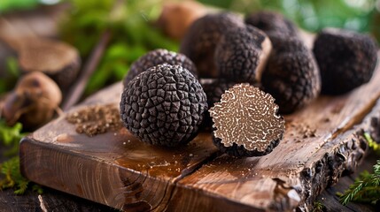 Oregon Truffle Festival:Extreme macro photography of freshly harvested Oregon black truffles on rustic wooden cutting board, surrounded by forest moss and pine needles