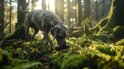 Oregon Truffle Festival: a trained truffle dog digging in mossy Oregon forest floor, discovering black truffles among tree roots, morning sunlight filtering through Douglas fir trees