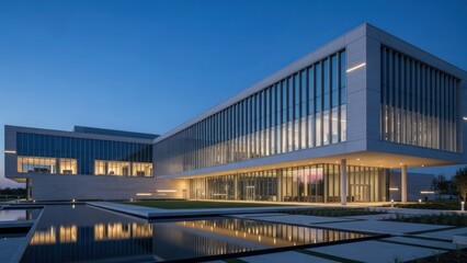 Fototapeta premium Modern architectural building with reflective pool at twilight