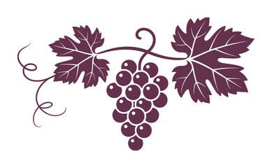 Obraz premium A stylized bunch of deep purple grapes with green leaves and swirling vines a white background