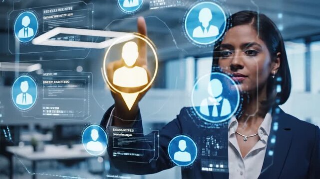 Modern corporate human resources team utilizing advanced virtual recruitment solutions and digital strategy platforms for global talent acquisition in a cinematic office environment.