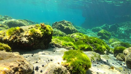 Obraz premium Underwater scene with rocks, algae, and sunlight filtering through water
