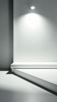 Minimalist studio space with white pedestal and spotlight casting dramatic shadows