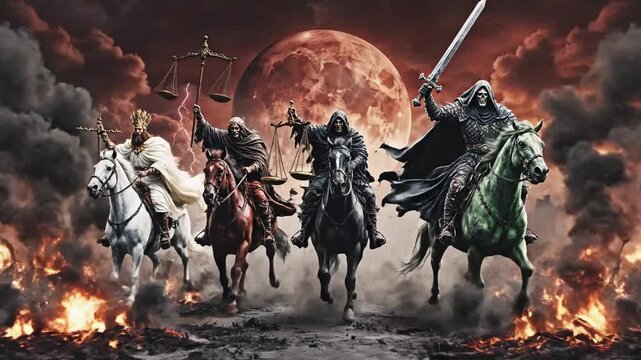 Cinematic close up of the holy bible book of revelation depicting apocalyptic prophecy and ancient scripture in dramatic lighting with slow motion atmospheric mood for religious study concept.