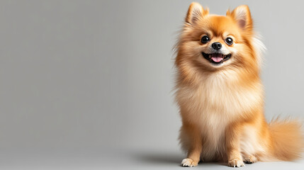 Obraz premium A cute Pomeranian sitting on a clean, solid light beige background, looking up at the camera with a happy expression, high-quality, studio lighting, plenty of negative space for text