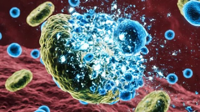 Cinematic microscopic visualization of immunotherapy targeting cancer cell, illustrating biological defense mechanisms and molecular oncology in a detailed medical laboratory rendering.