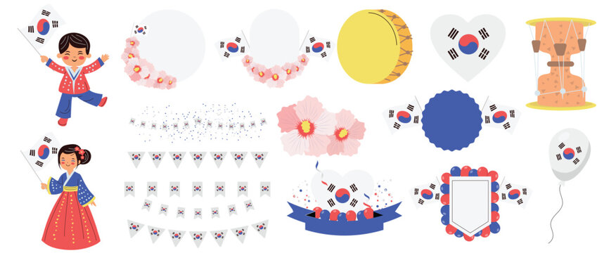 Collection of South Korean cultural symbols and decorative elements including children in traditional hanbok flags flowers and drums isolated on white background