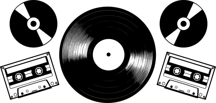Retro Vektor Grafik Set Musik Tontr&auml;ger - CD Schallplatte und Kassette