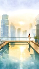 Naklejka premium Serene rooftop pool view woman gazing at a sunlit city skyline tranquil morning elegance