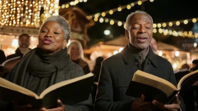 Senior African American couple singing outdoors. Elderly choir members perform joyfully. Happy retirement community caroling at night. Mature singers holding songbooks outside.