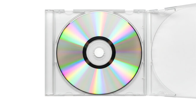 Open white cd case with a colorful disc on transparent background
