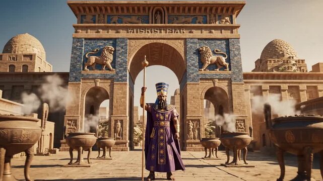 Cinematic artistic portrayal of King Nebuchadnezzar of Babylon featuring royal Mesopotamian attire and golden crown in a majestic historical epic atmosphere with atmospheric lighting